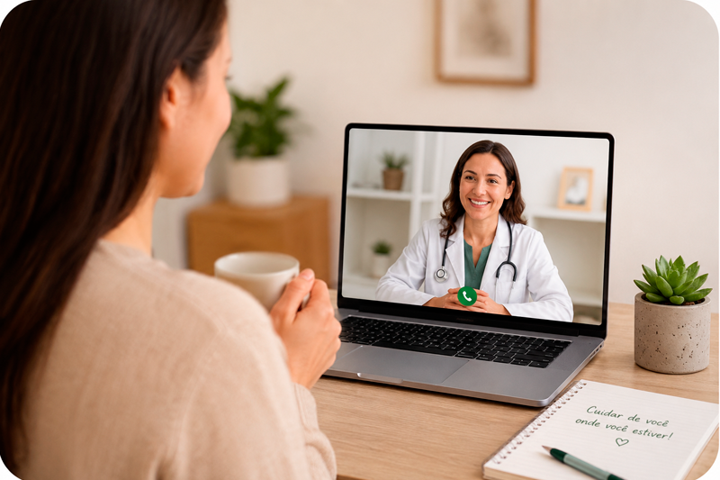 Mãe com filho fazendo consulta médica online pelo celular em casa